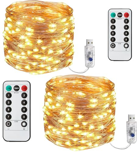 LITYBY 2 Pack Fairy Lights for Bedroom, 120LED 40Ft Fairy Lights Plug in Powered, 8 Modes Outdoor/Indoor Copper String Lights with Remote Timer for Bedroom, Party, Wedding, Christmas (Warm White)