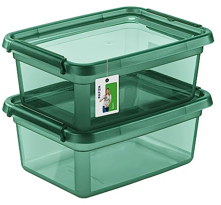 PAFEN 2x Förvaringslåda med lock 12,5l - 38x28,5x16cm - Lådor Förvaring Stapellådor med stängningsclips Plastbehållare Klädboxar Transparent Organiser | Grön