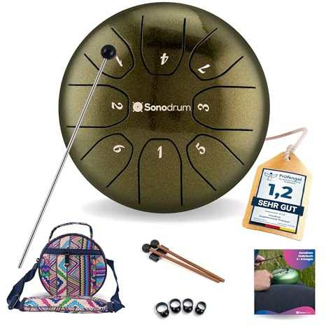 Sonodrum Zungentrommel Standard C - Dur in Kiwi - 14 cm klein mit 8 Tönen - Steel Tongue Drum inkl. Liederbuch, Schlägel, Fingersticks und Tragetasche - Notenlesen nicht nötig, einfach zu spielen.