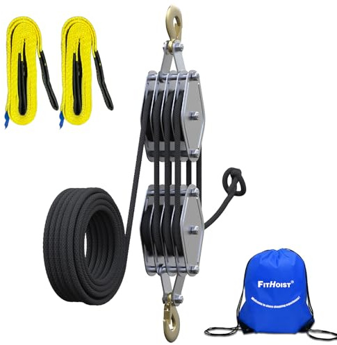FITHOIST Block and Tackle 4400LBS Breaking Strength Heavy Duty Pulley, 65 Ft Rope Pulley, 7:1 Lifting Power Pulley System, Pulley Hoist with 2 Pcs 8 Ft Lift Sling(Black)