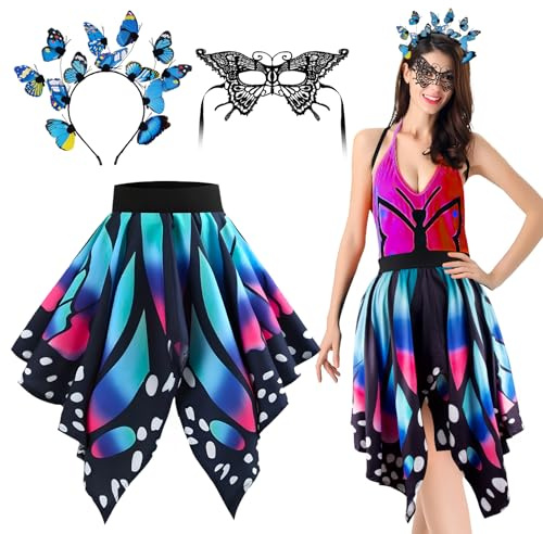 BETESSIN 3Stück Schmetterling Kostüm Damen Rock Schmetterling Haarreif Stirnband Spitzenmaske 3D Schmetterlinge Kostüm Ballettrock Tanzrock Faschingskostüm Damen Karneval Mottoparty Party Cosplay L