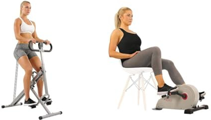 Sunny Health & Fitness Magnetic Under Desk Pedal Exerciser, Dual Function Mini Exercise Cycle Bike + Squat Assist Upright Row-N-Ride Rowing Machine, Horse Riding Machine Full Body Exercise Indoor