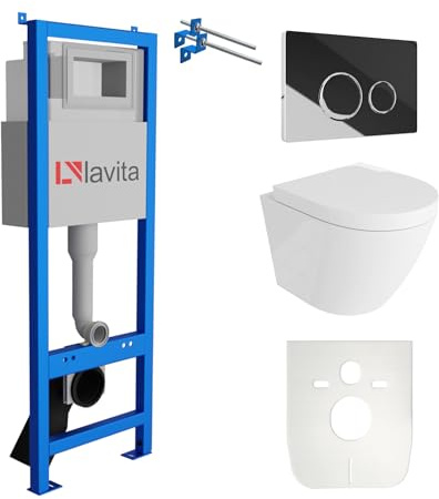 lavita LAV 101 Elemento de Pared para Inodoro 40 cm + Inodoro Lavabo suspendido SOGO Blanco sin Borde + Panel de Control LAV 200.4.2 Cromado | Conjunto Completo | Cisterna empotrada | Juego co