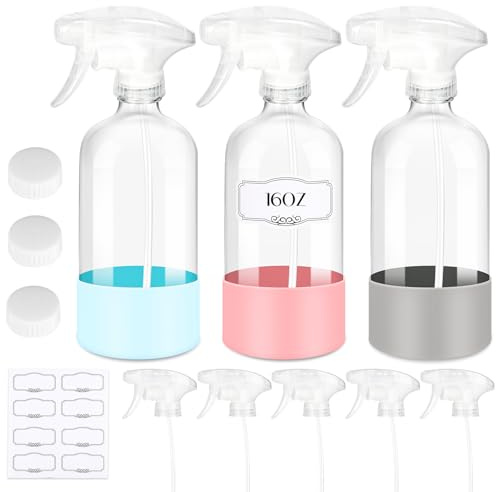 ZENOWICK 3 PACK/16 OZ Glass Spray Bottles with Upgraded Adjustable Spray Nozzle, Refillable Containers with Silicone Sleeve, Spray Bottle for Hair&Cleaning Solutions&Essential Oils-Pink Blue Gray
