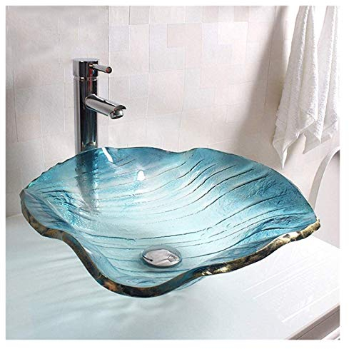 Waschtisch mit Waschbecken, Badezimmer-Waschbecken, Gefäße, Waschbecken, Aufsatzwaschbecken, Blauer Farbverlauf, Waschbecken aus gehärtetem Glas, künstlerische Wellenform über der