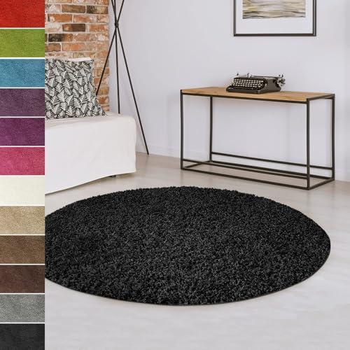 casa pura Teppich rund 160cm Durchmesser, schwarz weicher & Flauschiger Shaggy Hochflor Wohnteppich für Wohnzimmer, Schlafzimmer, Flur,Teppich Flur mit Anti-Rutsch Unterseite Barcelona