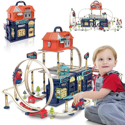 fisca 197PCS Train Tracks Toy Set für Kleinkinder Alter 3-10, Schienen-Spielset, Eisenbahnschiene Spielzeugauto, Spielzeug Geburtstag für Jungen Mädchen
