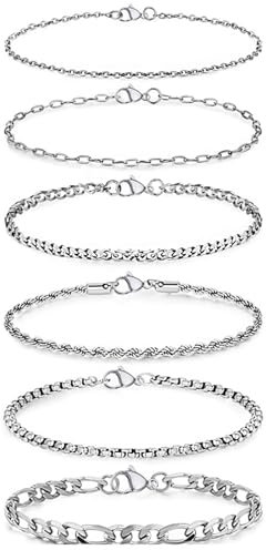 ZENGSING Armbänder Set Herren 6 Stück Edelstahl Armbänder für Männer Silber Kubanische Kette Armband Figaro Link Chain Rope Link Chain Curb Armband Herren Geschenke (19cm)