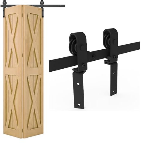 W&H Kit complet de porte coulissante 100M/3.3FT, ferrure de porte coulissante noire pour 2 portes, rail de porte coulissante pour porte pliante, ensemble de rails de porte de grange peu encombrant