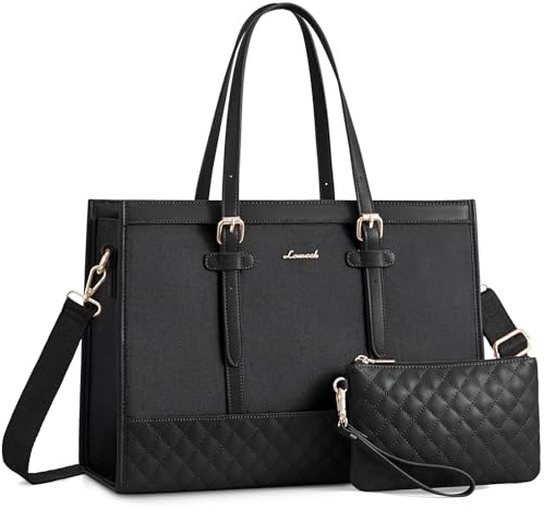 LOVEVOOK 17.3 Inch Laptop Bags for Women Inch, Ladies Handbags for Work Business, Womens Large Tote Bag, Leather Shoulder Bag with Clutch Lightweight for Office Business School College Shopping, Black