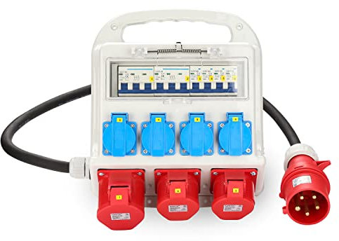 Herrselsam Distributore di corrente di costruzione, 2 x CEE 16 A 400 V + 1 x CEE 32 A 400 V + 4 x 230 V Schuko con cavo di alimentazione da 1,2 m con interruttore di protezione della linea, cantiere
