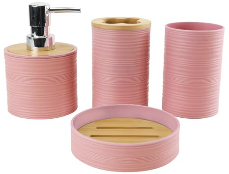 Hosoncovy Ensemble de 4 accessoires de salle de bain avec distributeur de savon, gobelet de salle de bain, porte-savon, porte-brosse à dents et dentifrice (rose)