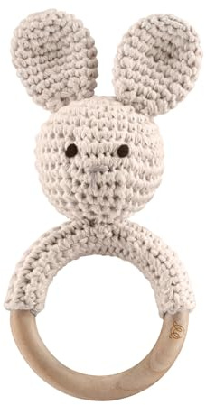 MayLily - Rassel & Beißring Hase – Handgefertigtes - Spielzeug für Babys - Holz Baby Rassel Greifling - Babyrassel Holzspielzeug Beißring für Mädchen und Junge - Geschenk zur Geburt (Beige)