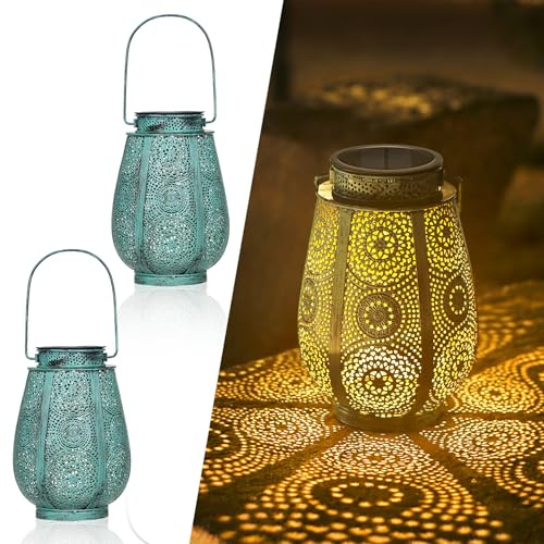 Solarlaterne für Außen 2 Stück, Bonsery LED Solarlampen für außen Hängend IP65 Wasserdicht, Vintage Metall Solar Laterne für Draußen Deko Terrasse Balkon Hof Outdoor Solarleuchte 15Lm (Türkis)