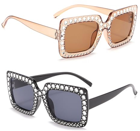2 Stück Sonnenbrille Retro für Damen und Herren, Glitzer Party Brille mit Strass, Partybrille mit Dickem Rahmen Quadratisch, Party Sonnenbrille Faschingsbrille für Party, Abschlussball, Carnival, Frei