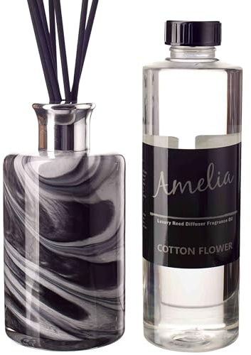 Tall Glass Cylinder Reed Diffuser Gift Set in Black, Grey & White (Night Sky) with Cotton Flower Fragrance