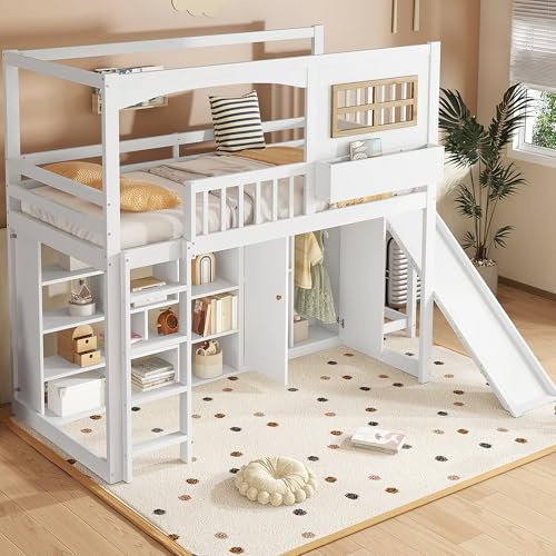 Litera, cama infantil, con barrera anticaídas, con tobogán infantil y armario, amplio espacio de almacenamiento, con escalera de cuatro niveles, pino+MDF, madera contrachapada, color blanco, 90 x 200