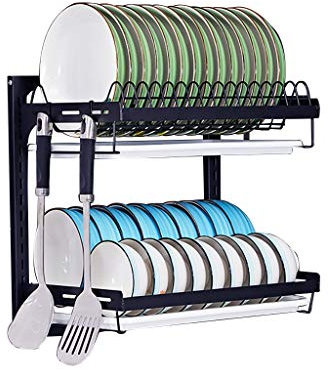 WallMounted Dish Drying Rack 2Tier Etagere for Plates & Bowls Storage Shelf with Drainage Tray & 3 Hooks Black Steel Kitchen nizer SpaceSaving Design