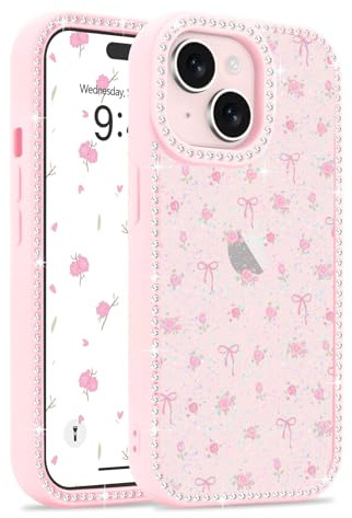 Lafunda Coque Compatible avec iPhone 15 Pailletée Cristal Antichoc Étui avec Motif pour Femmes et Filles Housse de Protection pour iPhone 15 Rose