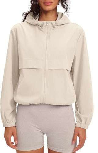 Locachy Women's Lightweight Athletic Workout Hoodie Long Sleeve Full Zip Gym Running Outdoor Jacket Beige S