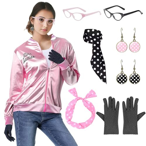 Suffolly Costume des années 50 avec accessoires, boucles d'oreilles, lunettes, écharpe, bandeau, pour femme, pour Halloween, enterrement de vie de jeune fille (costume A, XXL)