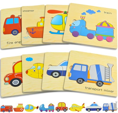Holzpuzzle Kinder, 8 Stück Puzzle für Kleinkinder, Steckpuzzle Holz, 3D Greifpuzzle, Lernpuzzle Holz Ab 2+ Jahre für Jungen und Mädchen, Frühes Lernen Spielzeug, Geschenk (A)