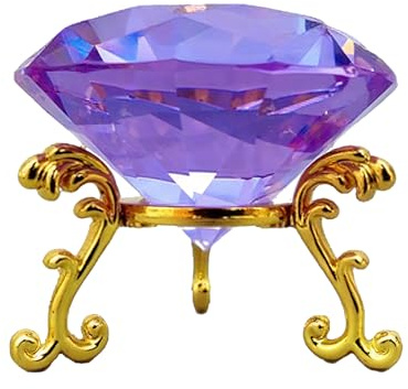 Eterspr Briefbeschwerer mit Versilbertem Blumenständer, Klar Glas Diamanten Deko, Schreibtischdekoration, mit Goldener Metallbasis(Lila)