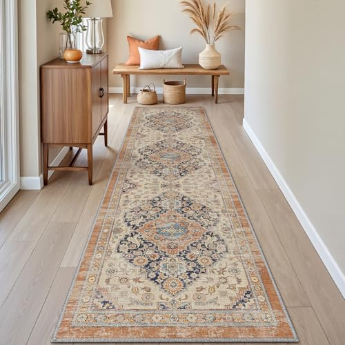 DEXI Läufer Flur Teppich 60 x 210 cm, Küchenläufer Lange waschbar rutschfest, Schmutz & Wasser Aufnehmen Dünne Vintage Teppichläufer für Hauseingänge, Küche, Waschküche, Orange | Saugfähig, waschbar, weich, dekorativ, für Durchgang, Küche, Eingang und vor der Spüle