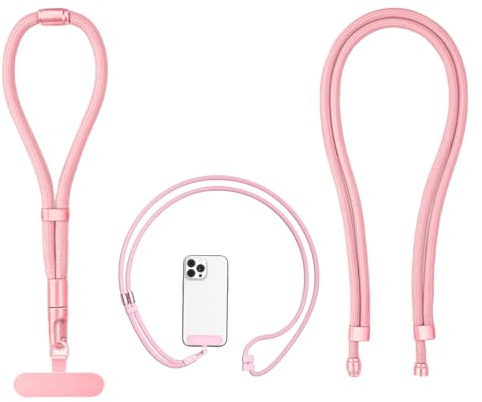 Cokoozoo Mobile Phone Strap Crossbody, Anti Theft Adjustable Comfortable Mobilephone Lanyard With Stainless Steel Patch, 3 In 1 Phone Security Strap Hand/Neck/Crossbody for Camera/Airpods(Pink)