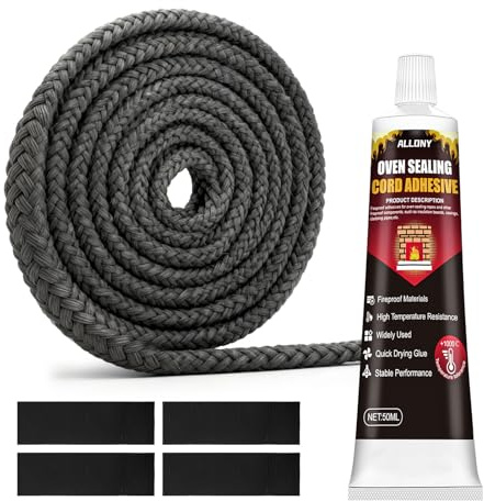 ALLONY Silicone Nero, 2.5m Guarnizione Stufa a Pellet, 50ML Silicone Alte Temperature, Cemento Refrattario per Caminetti, Stufa, Forni, 10mm Corda Guarnizione Stufa, Set di Riparazione per Camino