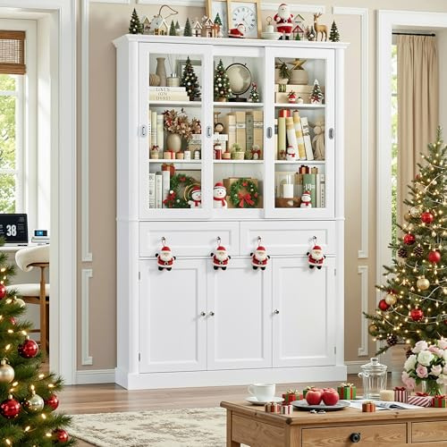 FACBOTALL 73.5 Tall Bookcase with Doors & File Cabinet, White Modern Bookshelf with 3 Sliding Glass Doors & 2 Drawers, Multi-Functional Storage Cabinet for Office, Living Room, and Kitchen Pantry