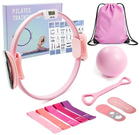 MaxU Pilates Set für Damen Ring mit Zähler,35cm Circle,Ball, Bänder & Socken.Perfektes Heimtraining-Set für Anfänger.Vielseitiges Zubehör für effektives Ganzkörpertraining zu Hause