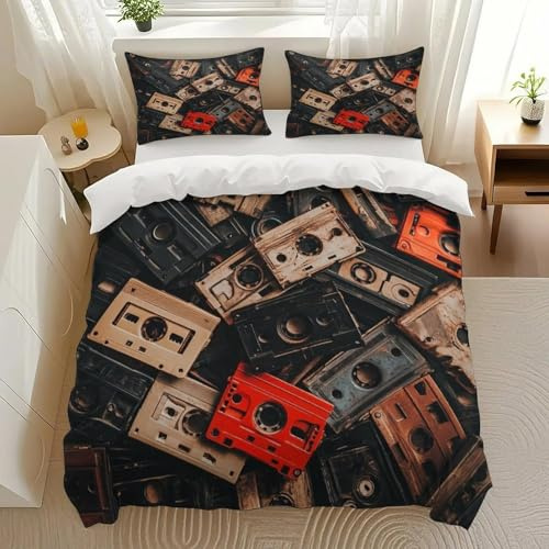 EISISANUN Cassette Tapes Heap Bedding Comforter Sets Bedding Set 3 Pieces (1 Duvet Cover 2 Pillowcases) with Zipper Closure Lightweight