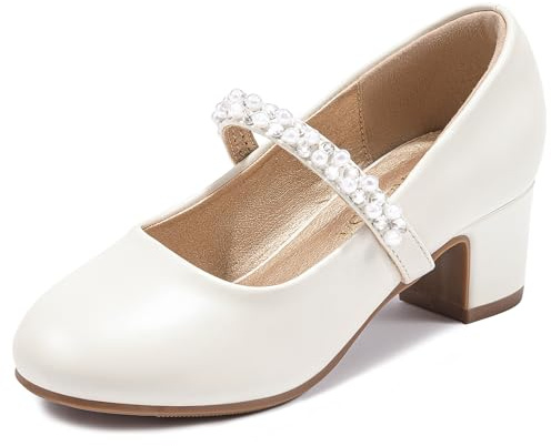 LAURMOSA Girls Heels for Girls Dress Shoes Size 3 Ivory Flower Girl Shoes for Wedding Pearls High Heels for Kids Easter Pumps First Communion Church Party Big Kids Graduation Flats (L1039PUIvory 3)