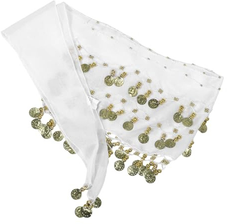 Veemoon Cinturón de Cadena para Danza del Vientre Mujer con 72 Monedas Doradas, Pañuelo de Gasa de Color Claro para Cadera, Accesorio Ajustable para Disfraz y Baile Oriental