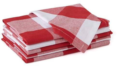 Encasa XO Cotton Cloth Napkins, Dinner Serviettes 50x50 cm Red | 200 GSM Heavyweight Homespun Fabric | Washable & Reusable | Highly Absorbent | Plaid Checks & Stripes Decor