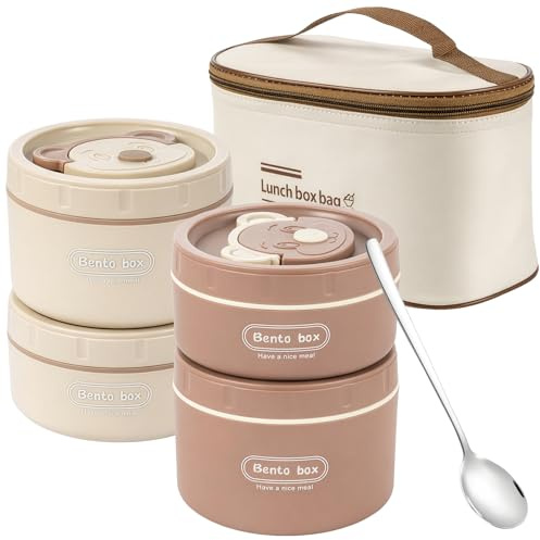SUNNYNEST Stackable Insulated Lunch Box Set with Bag, 4 Stainless Steel Food Containers & Spoon, Leakproof Bento Box for Adults & Kids, Portable Food Box for Work, School & Travel (Brown Rice)
