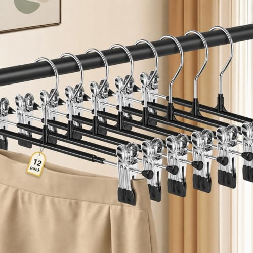 12 Stück Hosenbügel Metall Schwarz Klemmbügel mit Clips, Hosenklammern 30cm | Hosenclips Platzsparende Kleiderbügel für Röcke & Hosen, Verstellbar Länge, 360° Drehhaken, rutschfest & Robust