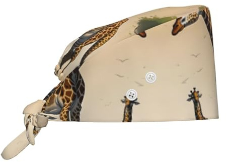 CNTDBU Cappello da lavoro con giraffa madre e bambino con bottoni, morbido cappello da chef per la pulizia della cucina, cappello regolabile per maschera spa salone di bellezza, cappello unisex con