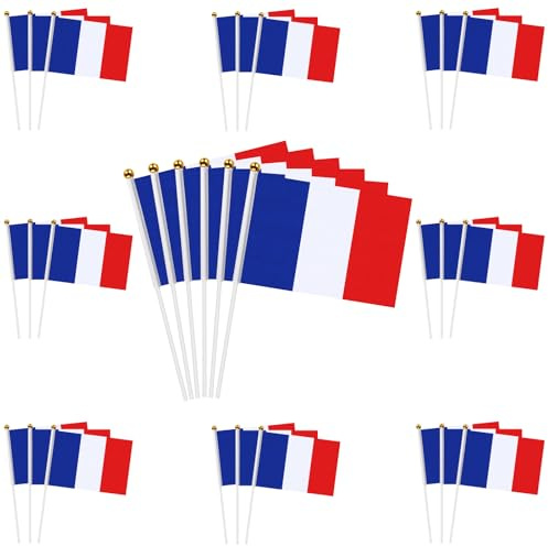 Coicok 30 Pièces Petit Drapeau Francais, Drapeau France avec Hampe en Blanc, 14 x 21cm Drapeaux Décorations Coupe du Monde, Mini Drapeau pour Décorations Extérieures, Football Match, Fête Nationale
