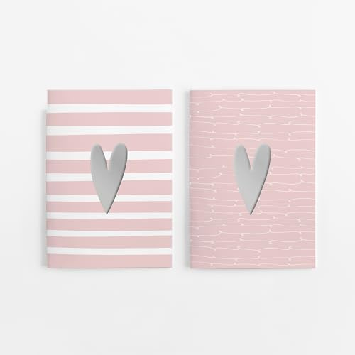 4er Set Notizheft DIN A5 (blanko) in rosa mit 2 verschiedenen Herz-Motiven und jeweils 40 Seiten in weiß mit 120 g Papier. Vorderseite mit hochwertiger Silberfolien-Veredelung.