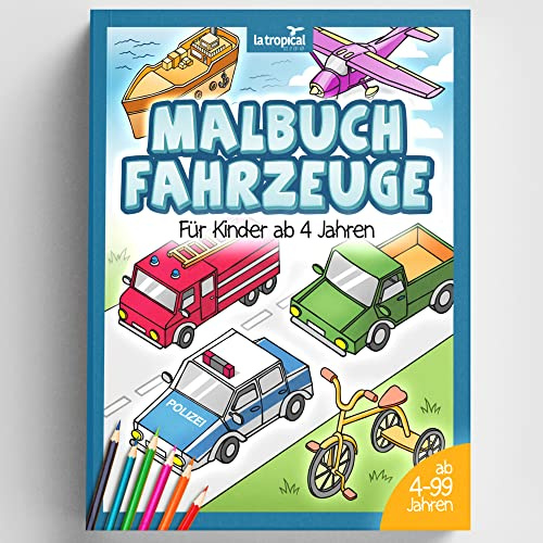 Malbuch Fahrzeuge für Kinder ab 4 Jahren: Dreidimensionales Denken beim Malen von Autos, Einsatzfahrzeugen der Polizei, Feuerwehr, Traktor, Bagger und weiteren Malvorlagen wird geschult.