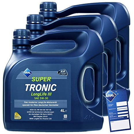 3x 4 L = 12 Liter ARAL SuperTronic Longlife III 3 5W-30 Motoröl inkl. Ölwechselanhänger