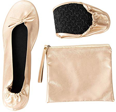 Rose Cheeks Gold Foldable Ballet Flats for Women - Roll Up Flats with Zipper Pouch, US Size 8.5-9.5 - Ballet Slippers Women - Ballerina Shoes