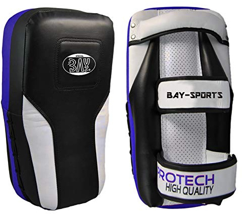 BAY LEDER PRO TECH Arm-Pratzen, Handpratzen, Armschlagpolster, vorgekrümmt, schwarz, Pratzen, krumm, Schlagpolster Schlagkissen Trainerpratzen Kickboxen, Muay Thai Thaiboxen MMA Handschlagpolster