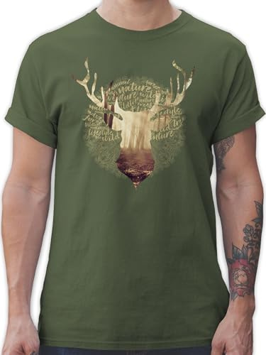 T-Shirt Herren - Kompatibel mit Oktoberfest - Hirsch Motiv Geschenk Jäger I Hirschgeweih Tracht - XL - Army Grün - trachtenshirt bayrische Trachtenmode t Shirt Octoberfest Jaeger Tshirt