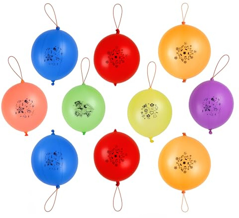 Trimming Shop 50PCS Printed Punch Balloons for Kids, 12 Inch | Large Thick & Strong Bouncy Balloons with Elastic String, Assorted Colours, Easy to Inflate Party Bag Fillers & Games