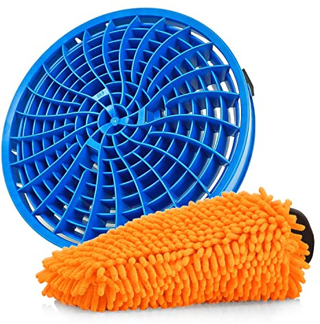 detailmate Autopflege Zubehör Set: Detail Guardz Dirt Lock Schmutzeinsatz blau mit Chenille Waschhandschuh orange - Wascheimereinsatz und Mikrofaser Handschuh für die Autowäsche