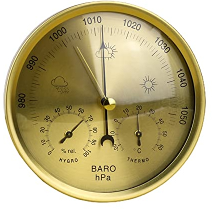 POKHDYE 3 in 1 barometro Tipo quadrante barometro in Metallo 3 in 1 barometro Stazione meteorologica per barometro termometro igrometro con Telaio in Acciaio Inox Tondo indicatore di Temperatura,Oro