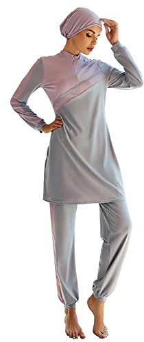 Muslimischer Badeanzug für Damen, Dreiteiliger Einfarbiges Oberteil + Hose +Hijab Halstuch, Volle Abdeckung Damenmode Sexy Bikini-Set Sommerliches arabisches Langarm-Badeanzug-Setc Grau B L